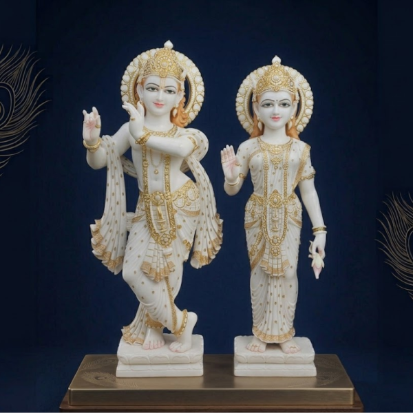 Radha Krishna White Marble Statue Pair