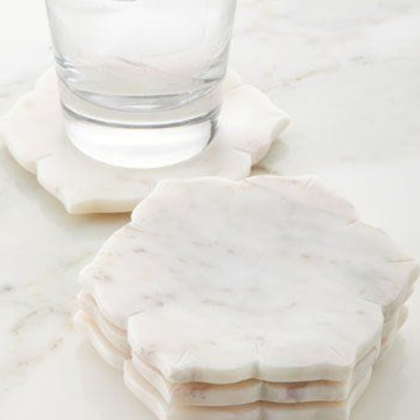 Handcrafted Floral White Marble Drink Coasters (Set of 4)
