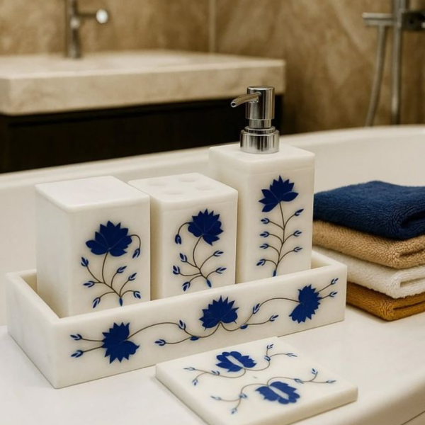 Handmade Marble Inlay Bathroom Accessory Set (Set of 5)