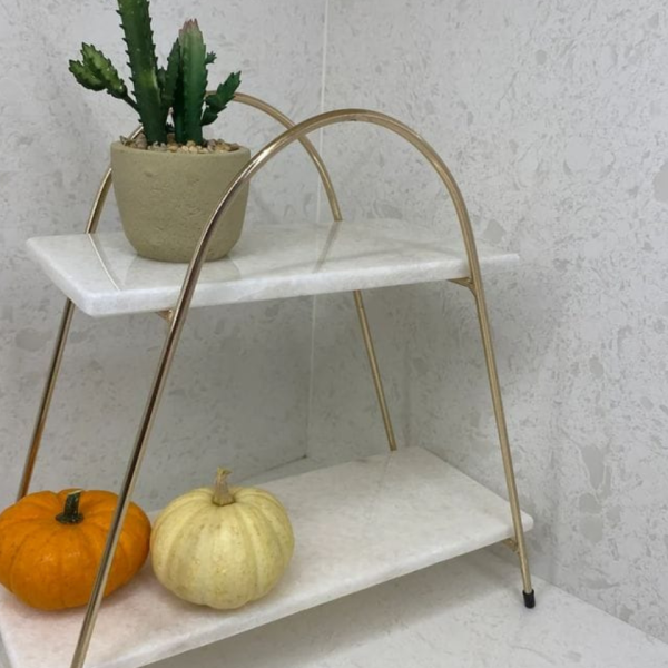 2-Tier White Marble & Gold Display Stand